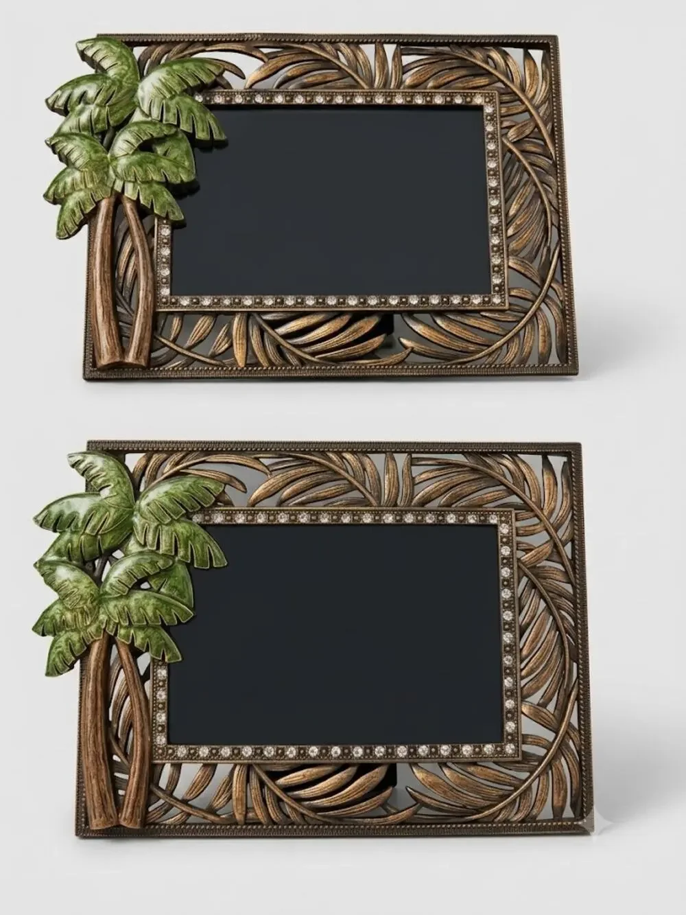 Vintage Tropical Palm Tree Picture Frames Set of 2, Bronze Finish and Rhinestone